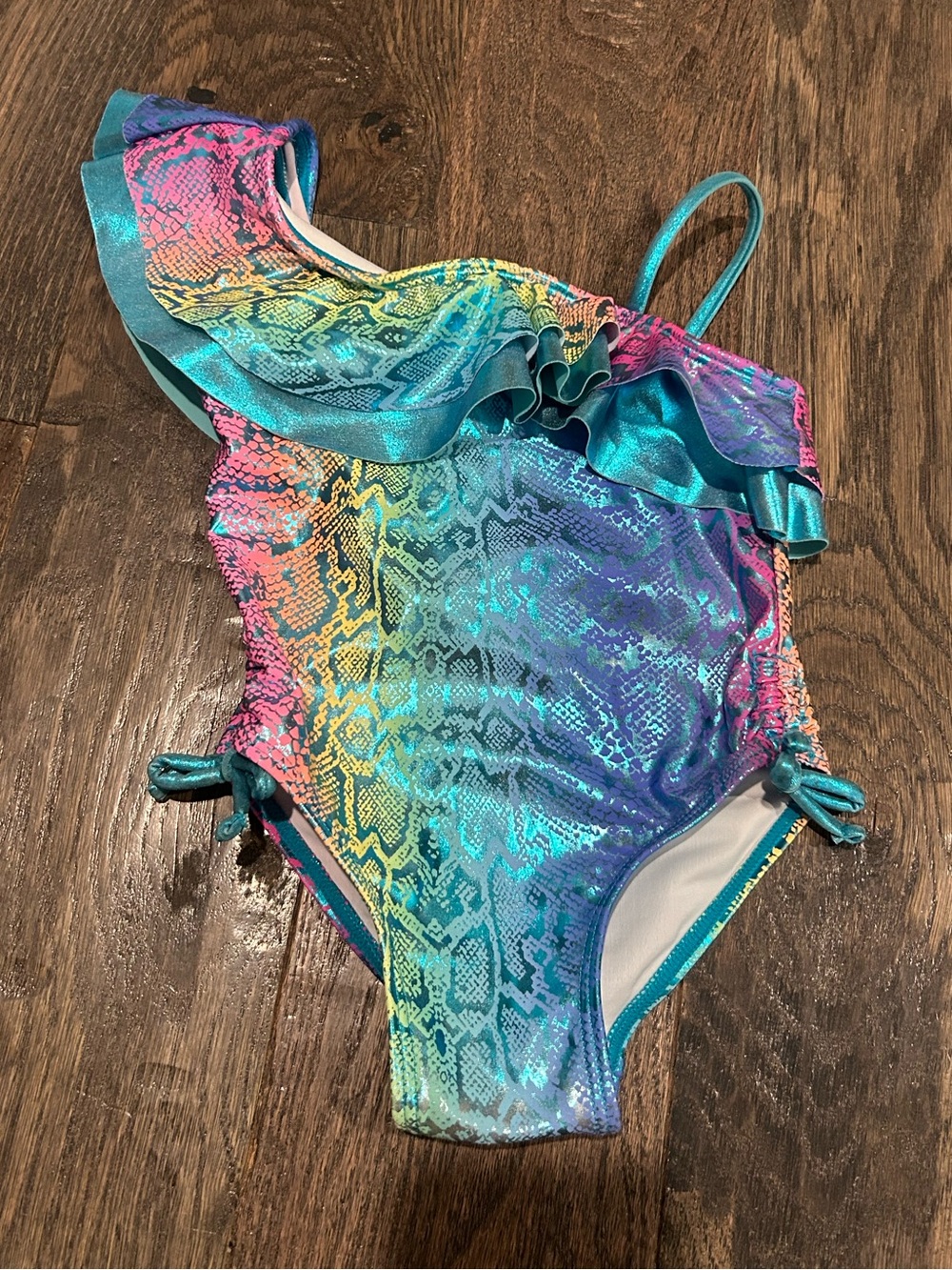 Flapdoodles Toddler Rainbow Teal Ruffle One-Piece Swimsuit Size 2T